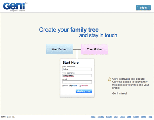 Page d'accueil de Geni : créer un arbre généalogique.