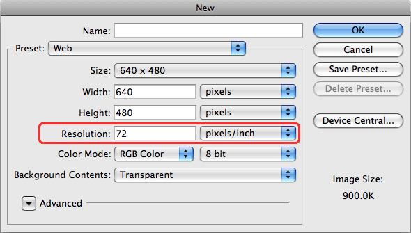 Dialogue de création de fichier dans Photoshop. Par défaut, la résolution pour les formats «web» est 72 ppi.