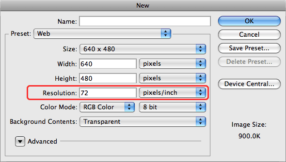 ppi-photoshop-lol Dialogue de création de fichier dans Photoshop. Par défaut, la résolution pour les formats «web» est 72 ppi.